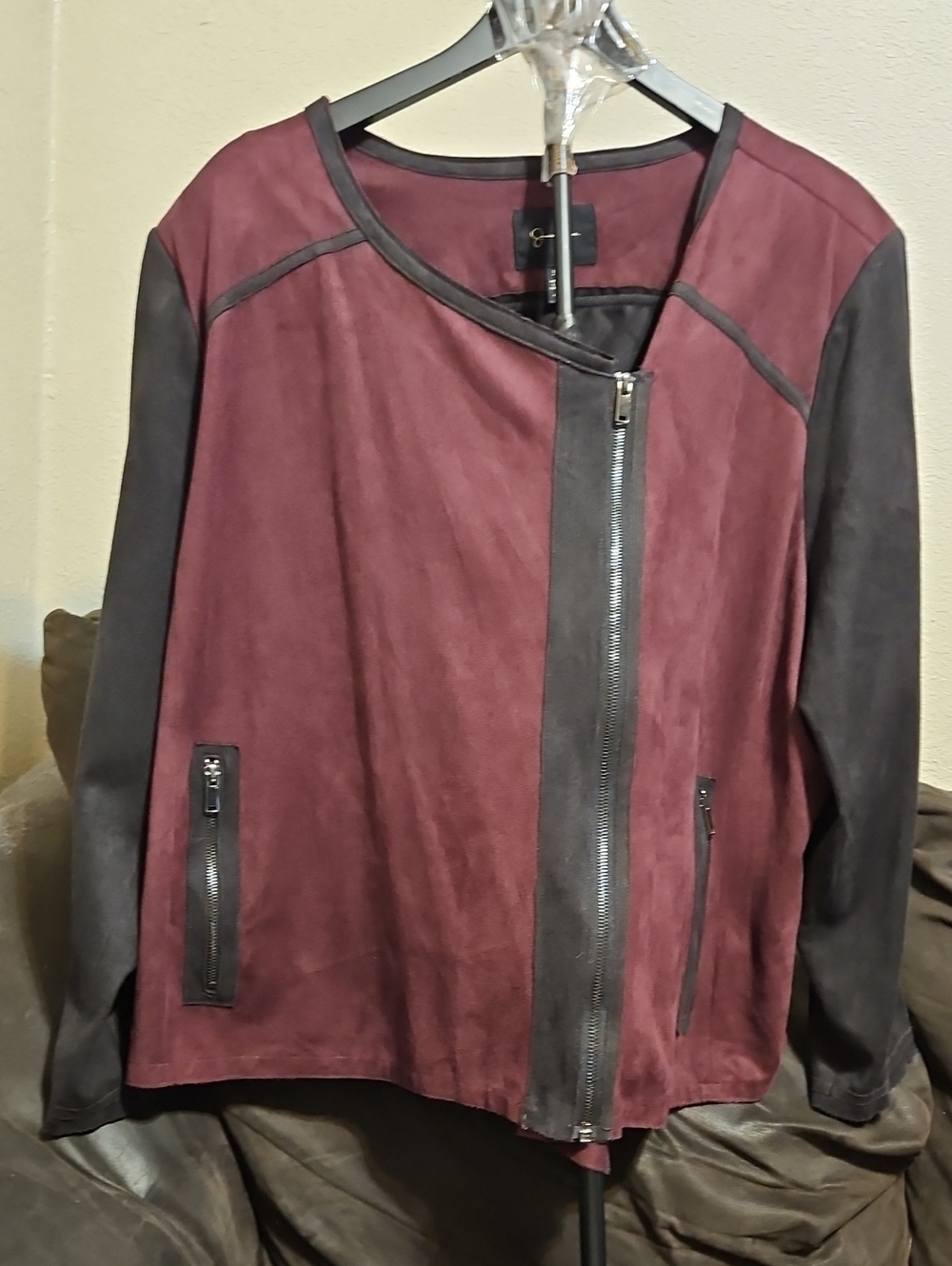 Women's Two-Tone Burgundy and Black Suede -Like Zip Jacket